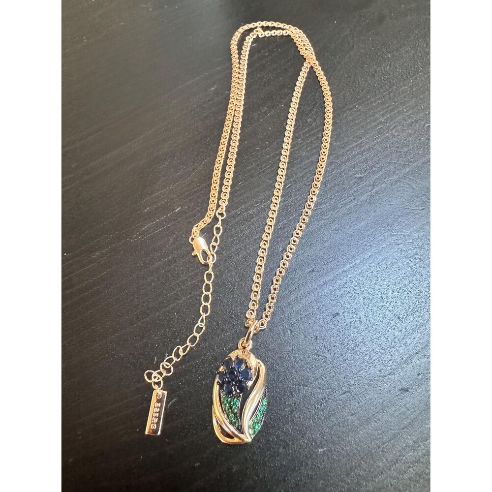 585 14K RG Stamped Blue Sapphire Flower Green Emerald Pendant 19” Necklace Chain